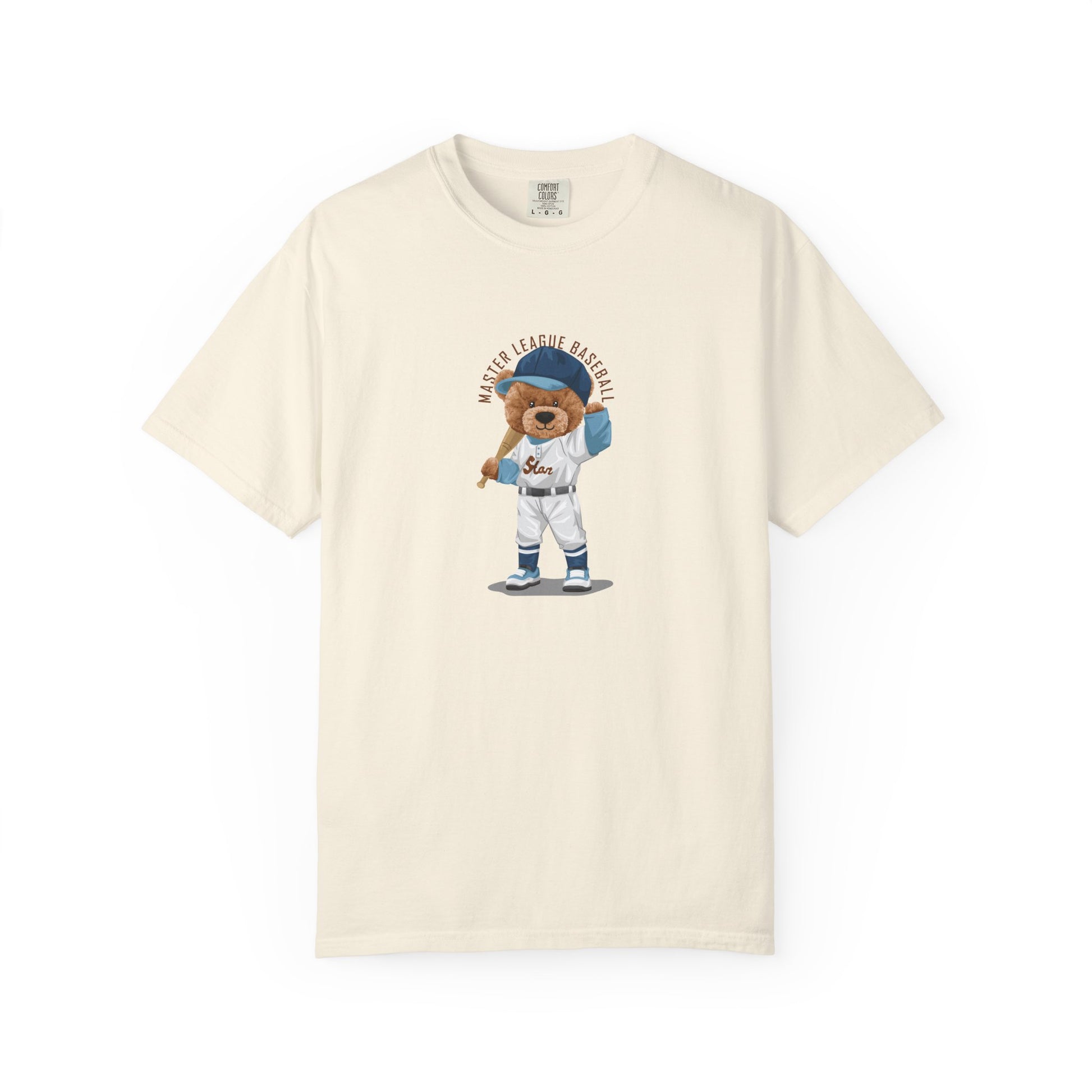 Beige t-shirt with a bear wearing a baseball uniform on a white background