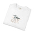 White t-shirt with a graphic design of two surfers on a white background