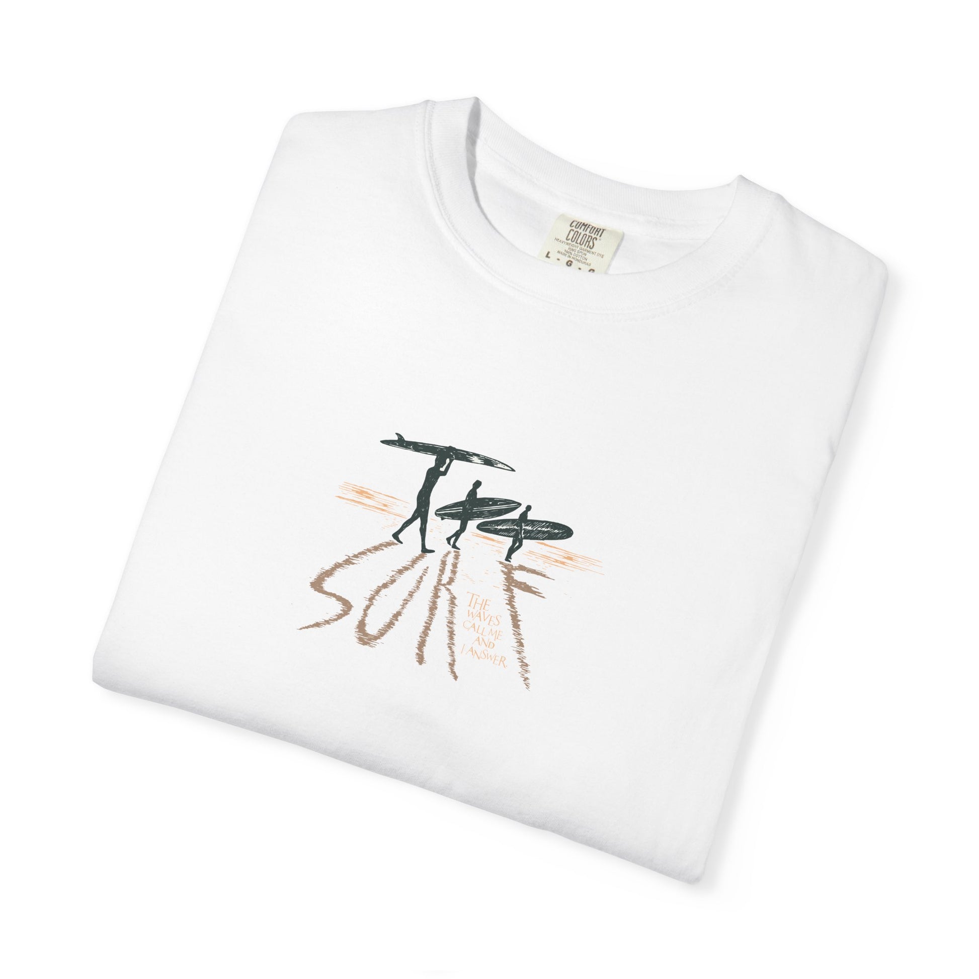 White t-shirt with a graphic design of two surfers on a white background