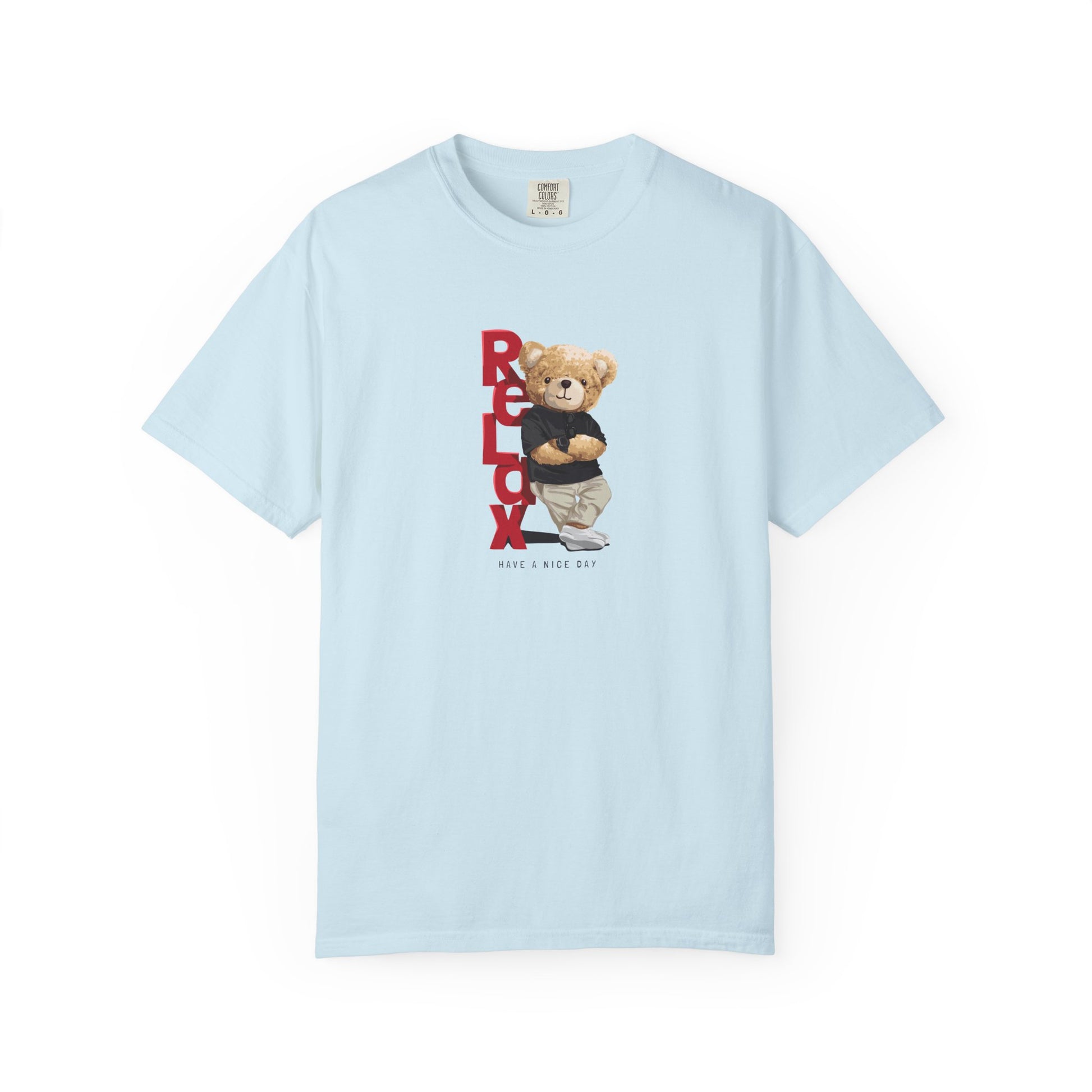 Light blue t-shirt with a teddy bear graphic and text on a white background