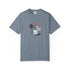 Gray t-shirt with a palm tree and beach graphic on a white background