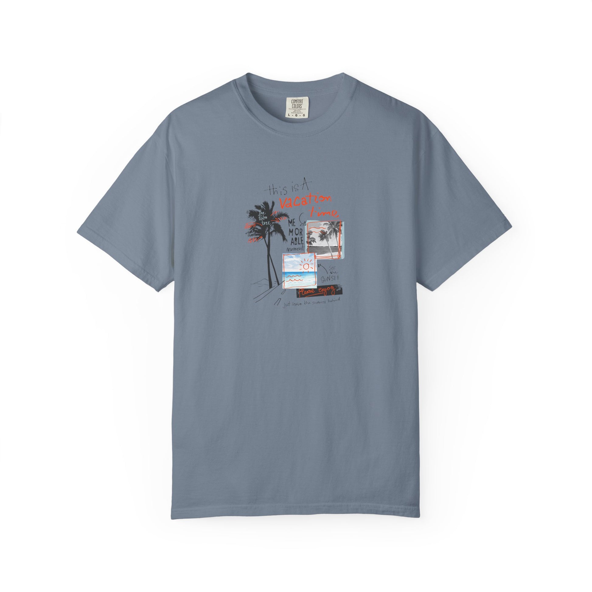 Gray t-shirt with a palm tree and beach graphic on a white background