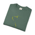 Folded gray t-shirt with a graphic of crossed rifles and bullets on a white background