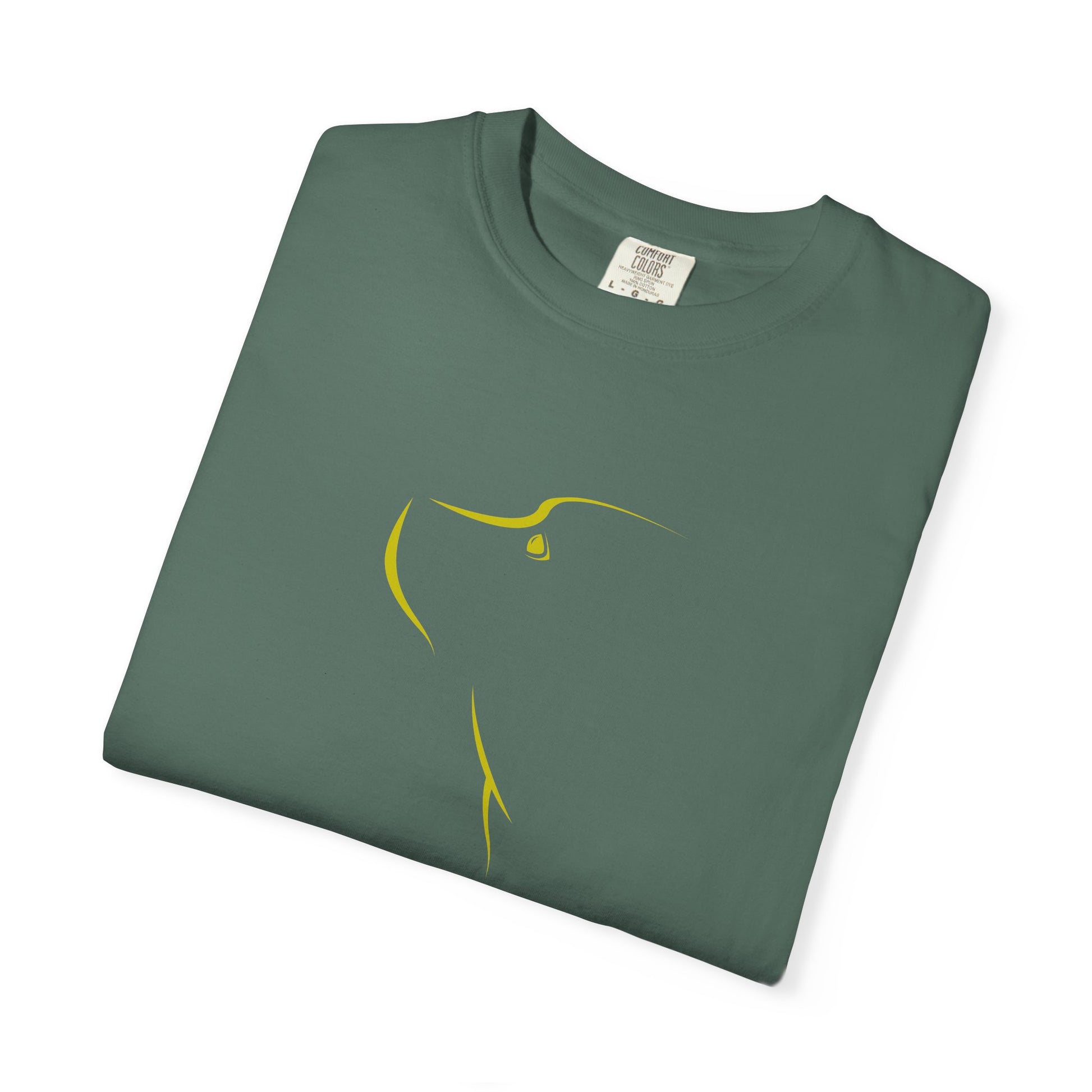 Folded gray t-shirt with a graphic of crossed rifles and bullets on a white background