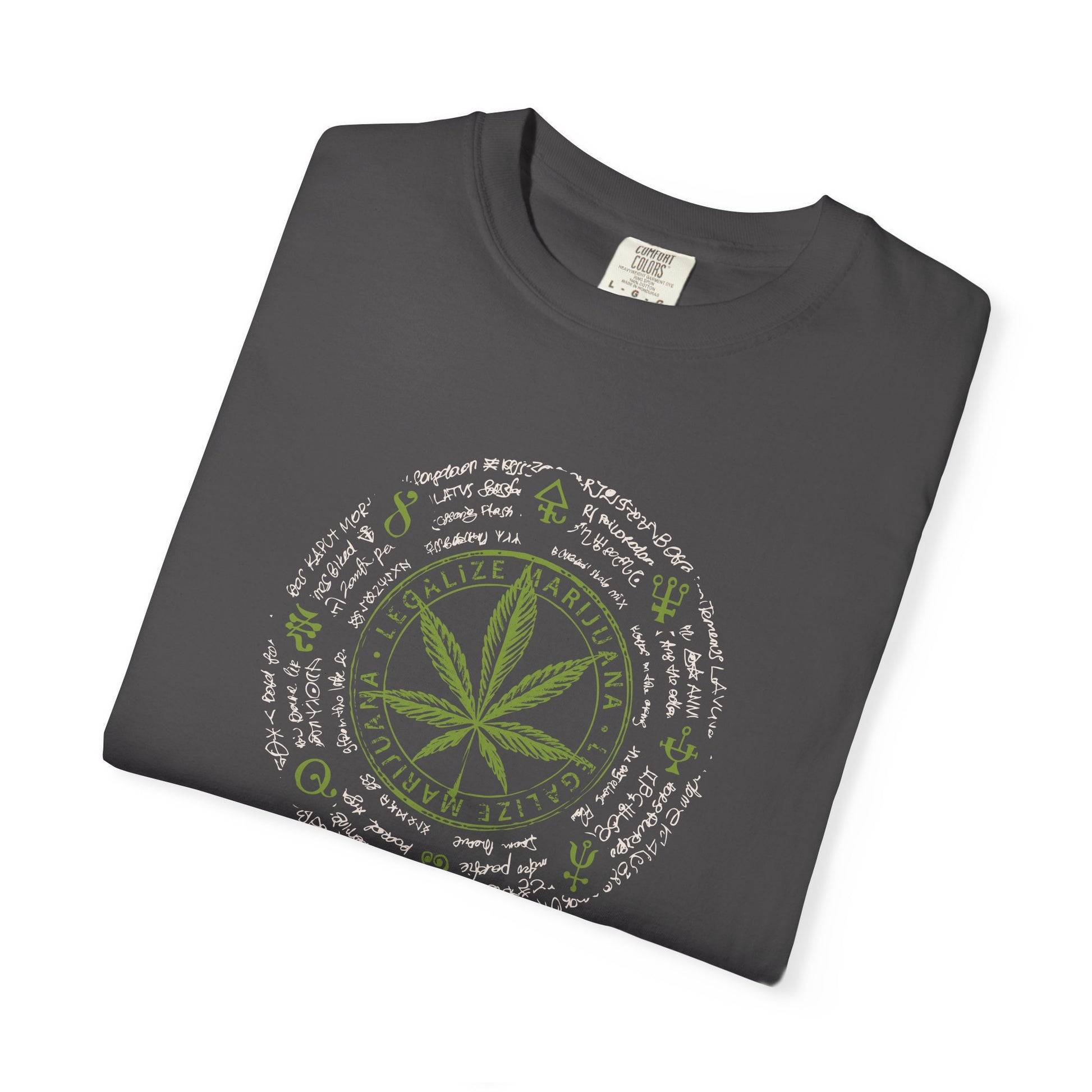 Folded purple t-shirt with a graphic of a person holding a lollipop on a white background
