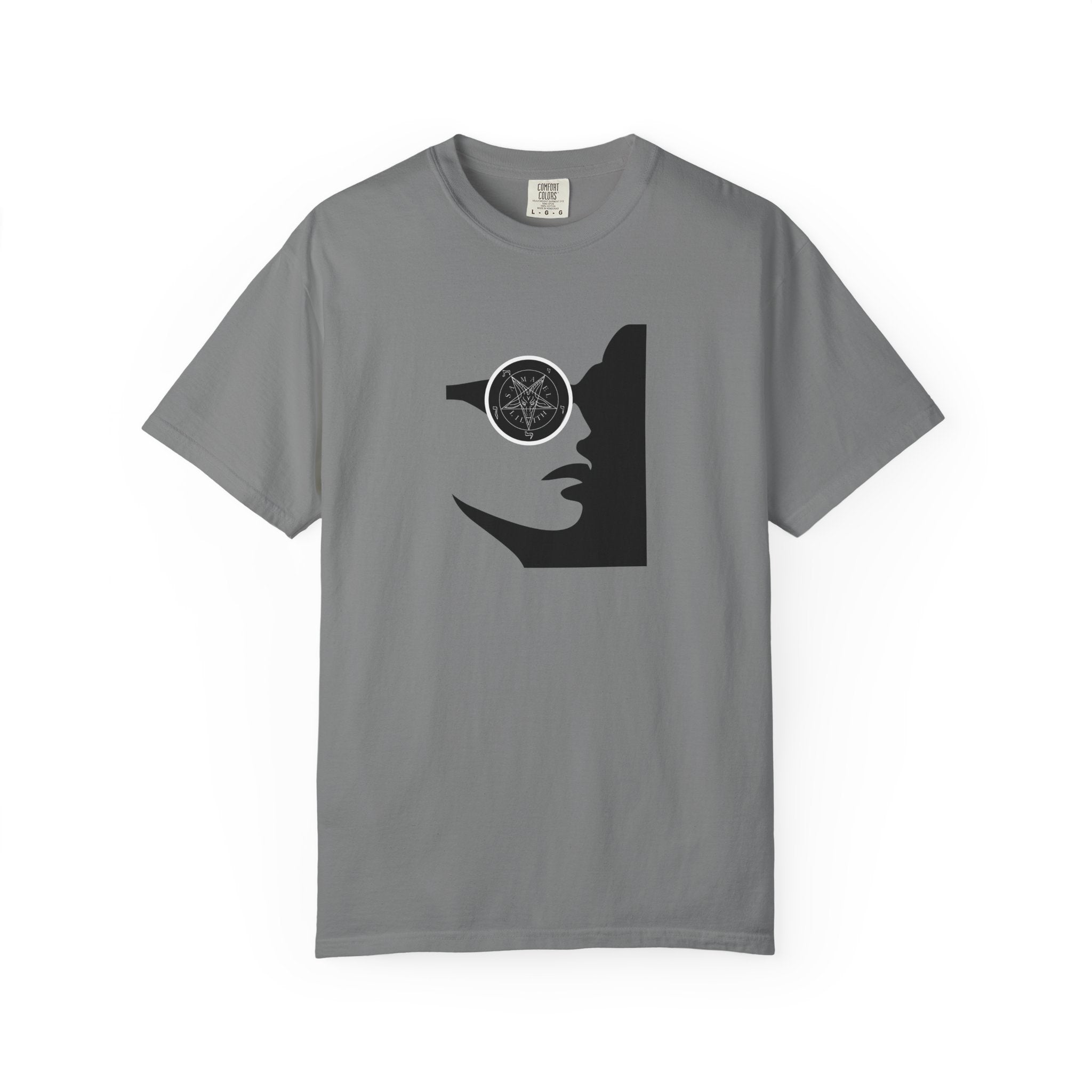 A gray short-sleeve crewneck t-shirt featuring a black graphic of a woman's profile with a pentagram symbol inside her eye, displayed on a clean white background.