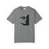 A gray short-sleeve crewneck t-shirt featuring a black graphic of a woman's profile with a pentagram symbol inside her eye, displayed on a clean white background.