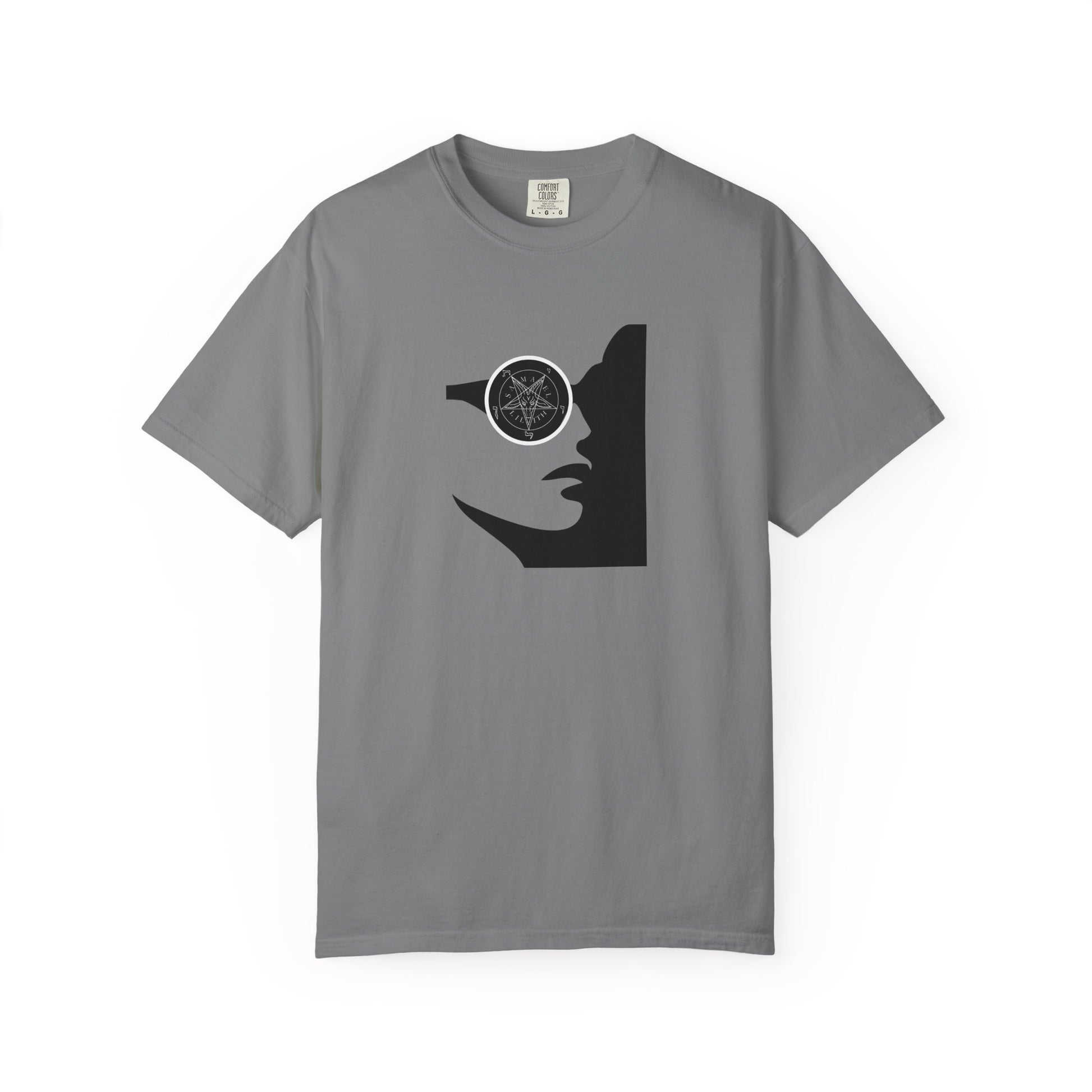 A gray short-sleeve crewneck t-shirt featuring a black graphic of a woman's profile with a pentagram symbol inside her eye, displayed on a clean white background.