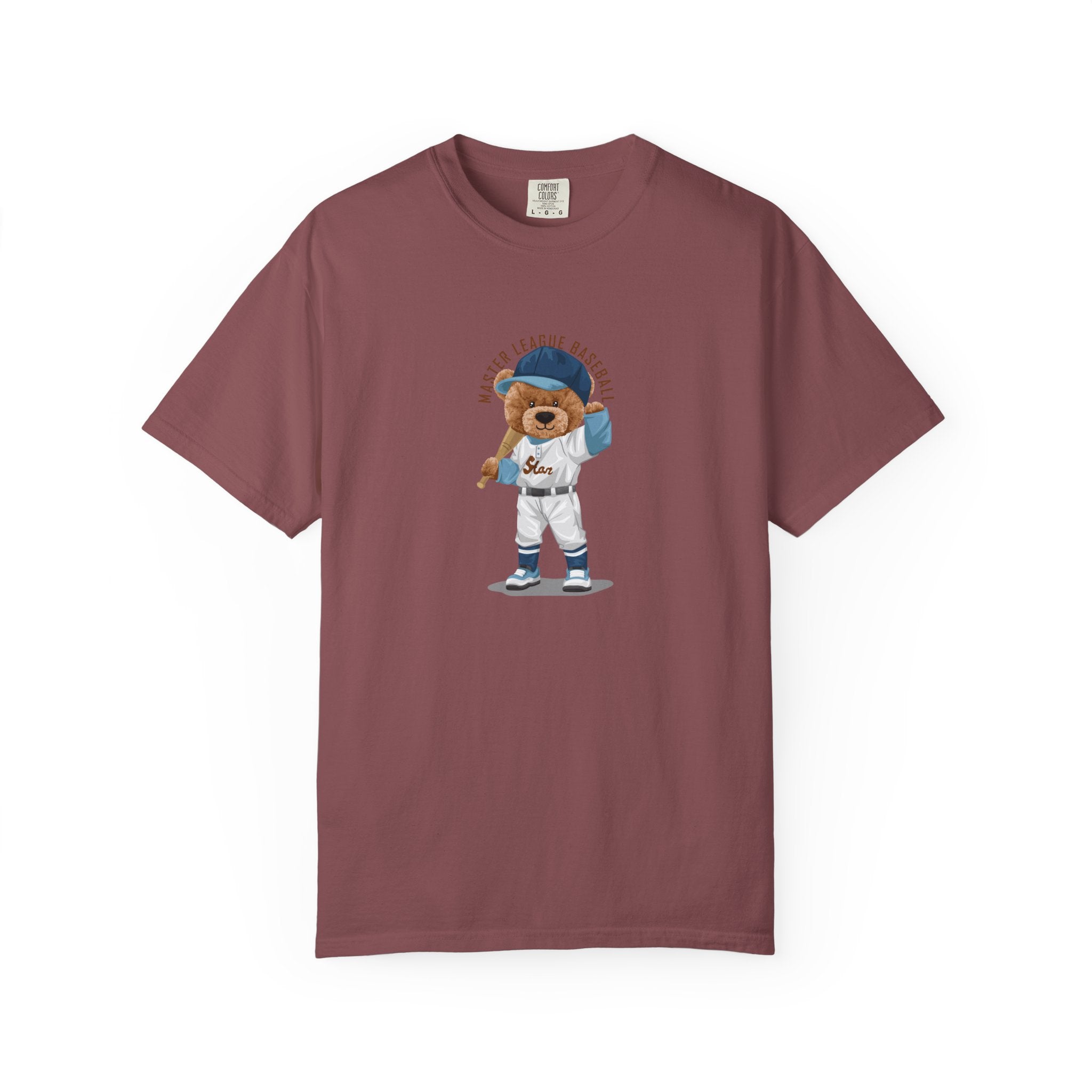 Maroon t-shirt with a bear graphic wearing a baseball uniform on a white background