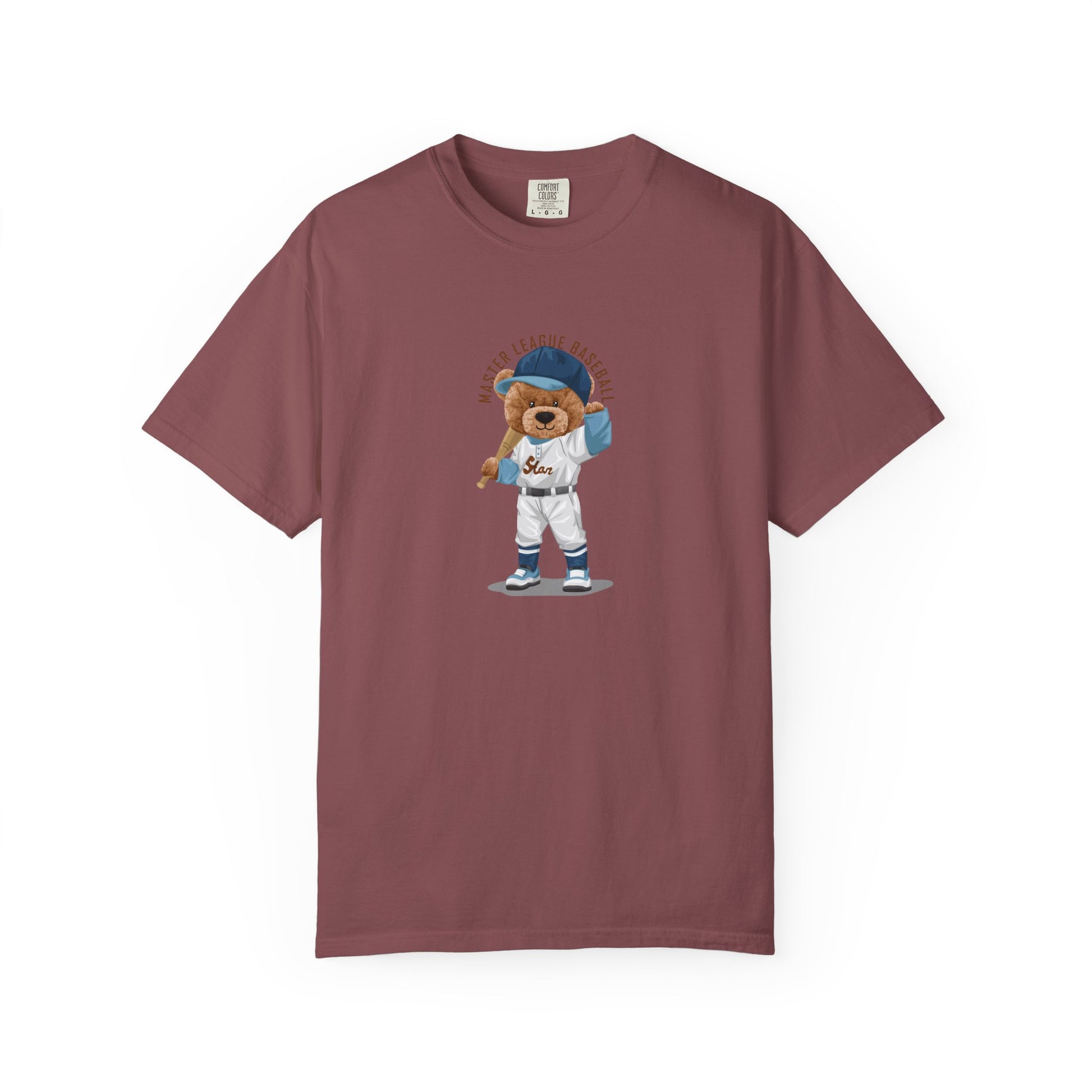 Maroon t-shirt with a bear graphic wearing a baseball uniform on a white background