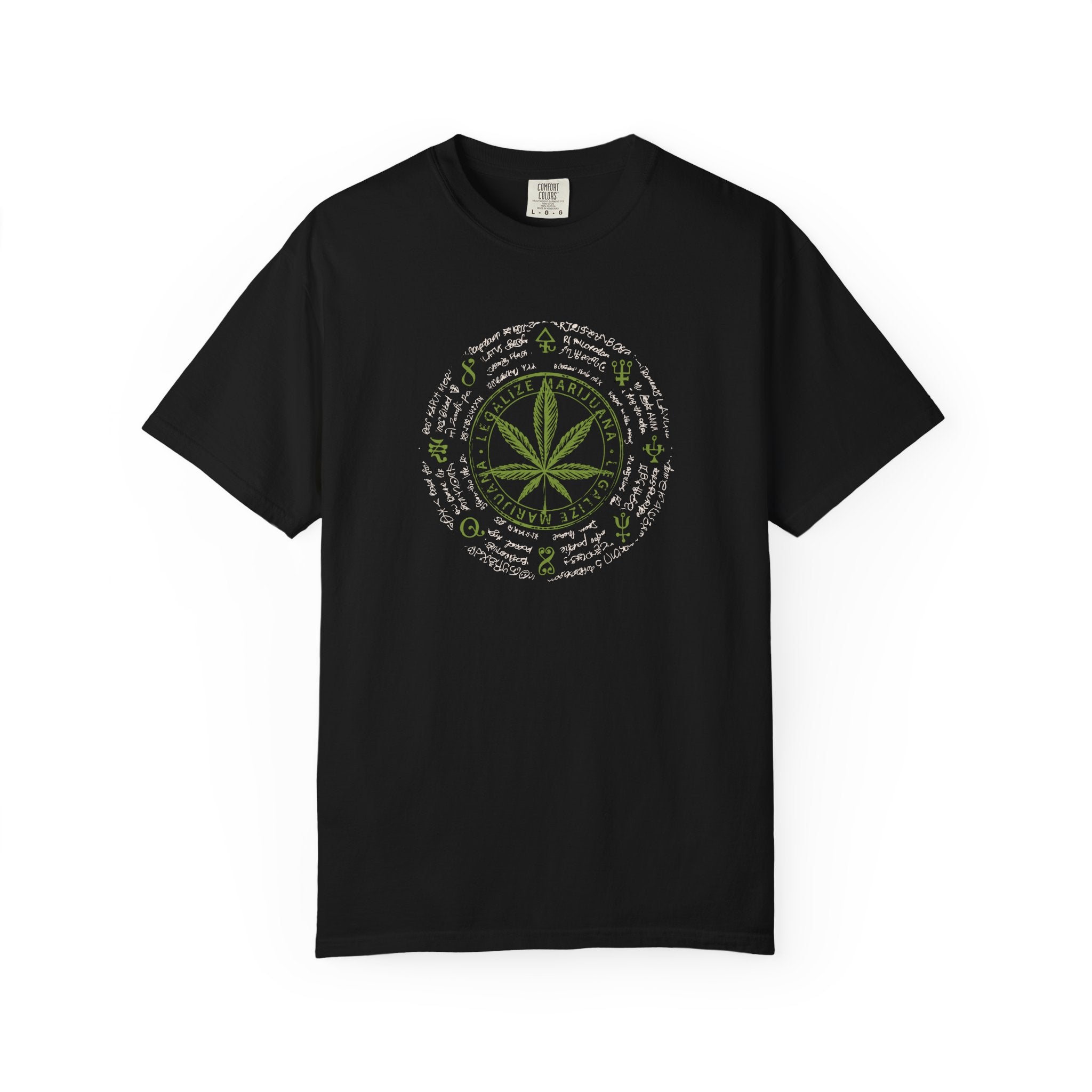 Black t-shirt with mountain graphic and text on a white background