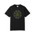 Black t-shirt with mountain graphic and text on a white background