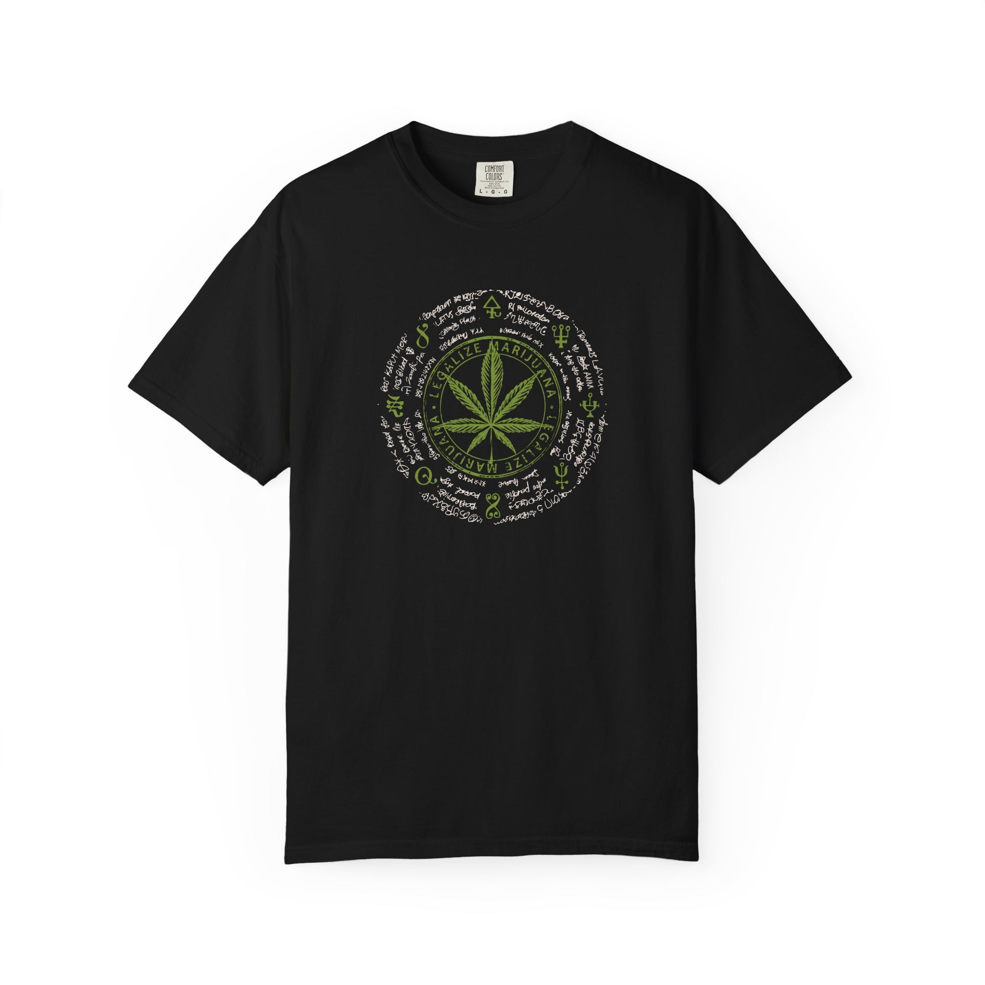 Black t-shirt with mountain graphic and text on a white background