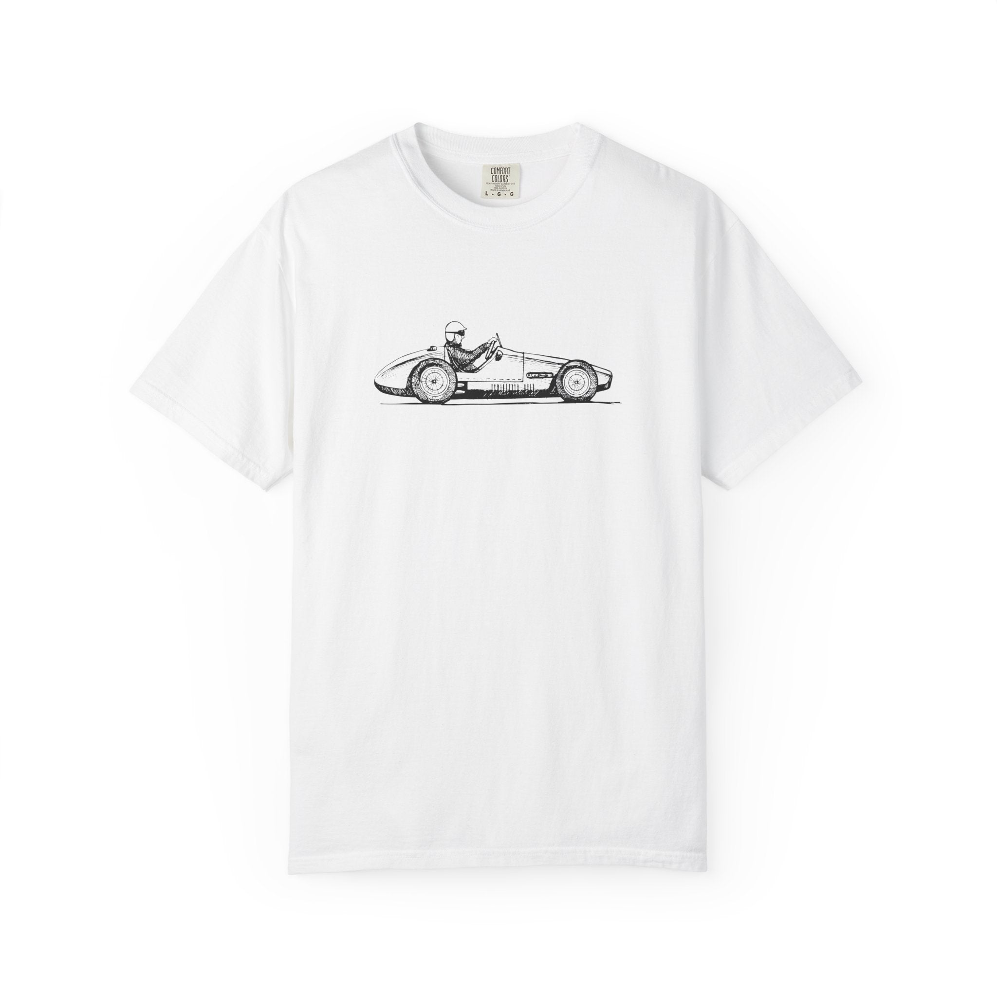 white t-shirt with vintage race car illustration minimalist design