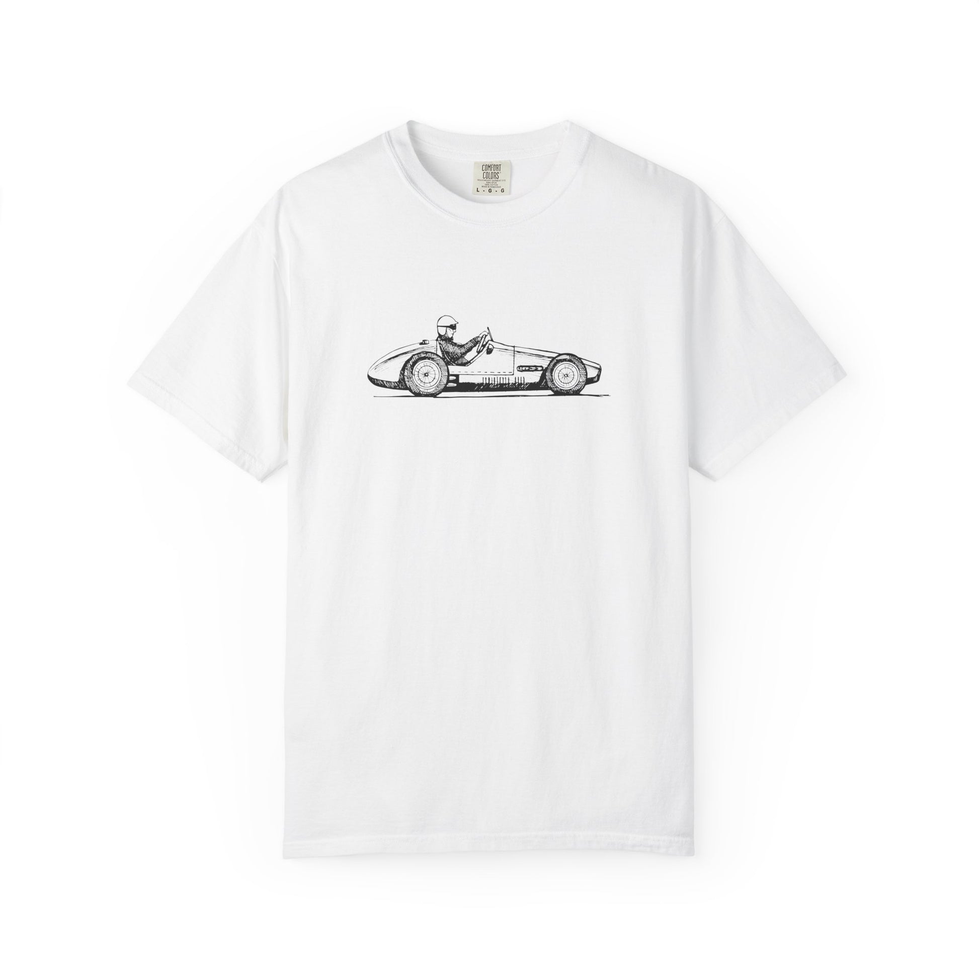 white t-shirt with vintage race car illustration minimalist design