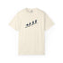 An off-white short-sleeve crewneck t-shirt featuring a dark navy blue graphic of surfers on a beach slope across the chest.