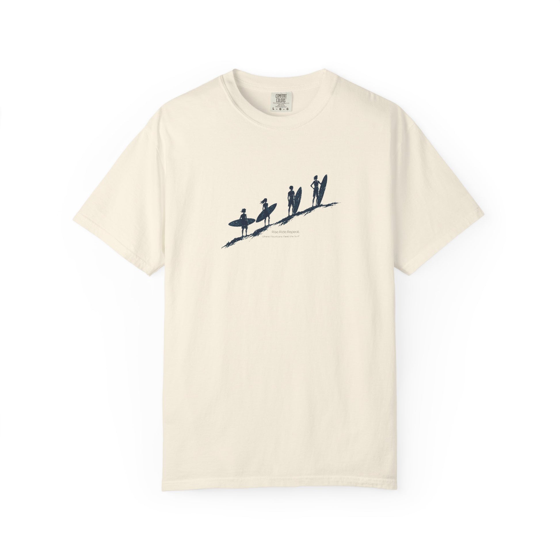 An off-white short-sleeve crewneck t-shirt featuring a dark navy blue graphic of surfers on a beach slope across the chest.