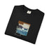 Black t-shirt with Santa Monica Beach graphic on a white background