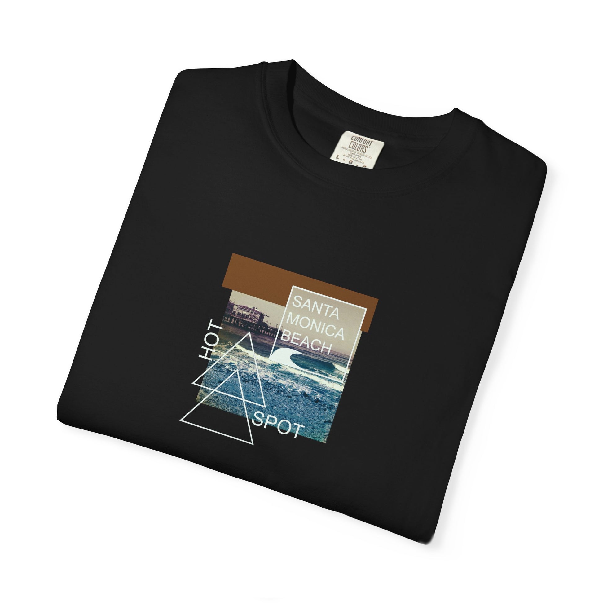 Black t-shirt with Santa Monica Beach graphic on a white background