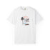 White t-shirt with a colorful graphic design on a white background