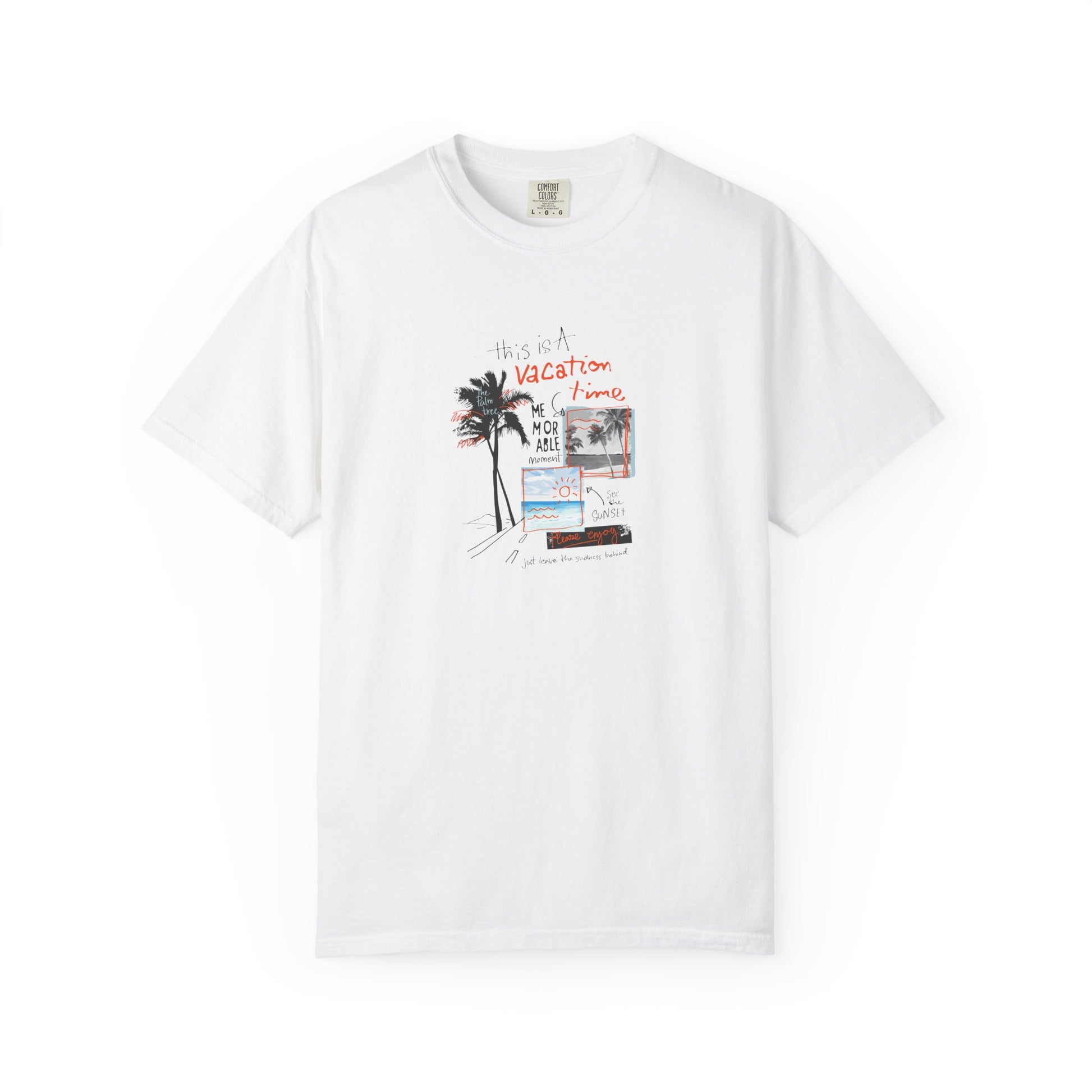 White t-shirt with a colorful graphic design on a white background