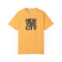 Yellow t-shirt with 'New York City' text on a white background