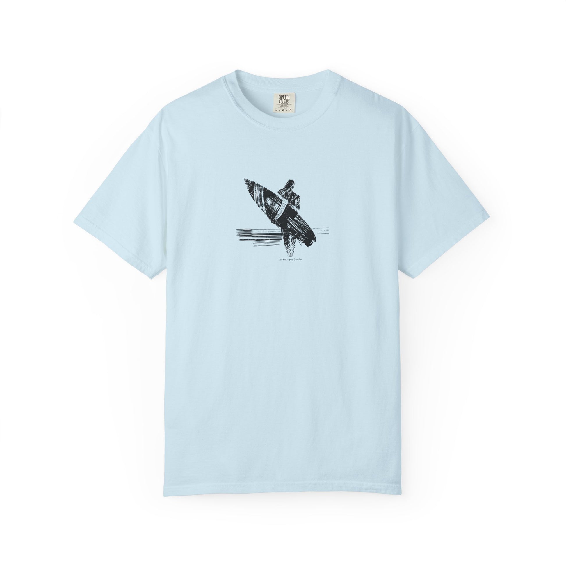 light blue surfer silhouette surfboard tee