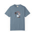 Blue t-shirt with a graphic design on a white background