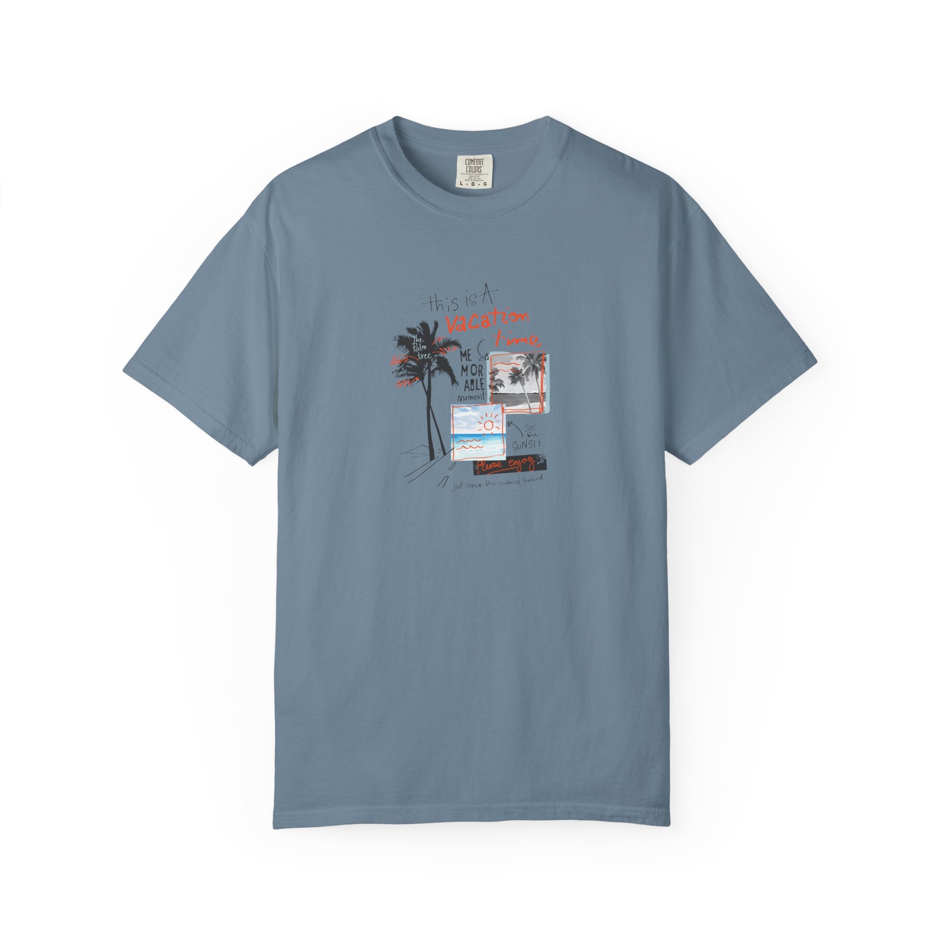 Blue t-shirt with a graphic design on a white background
