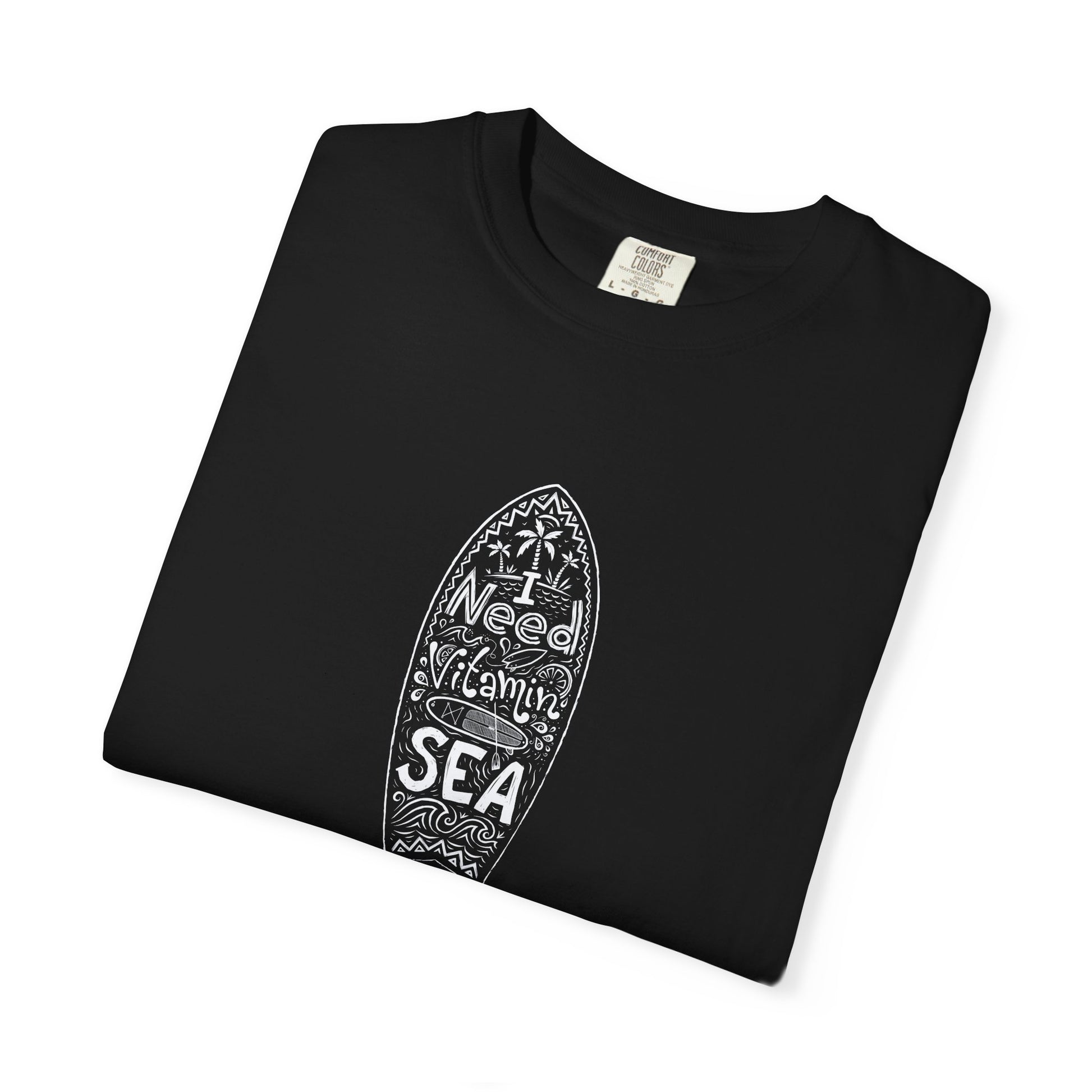 Folded gray t-shirt with a graphic of a person wearing overalls on a white background
