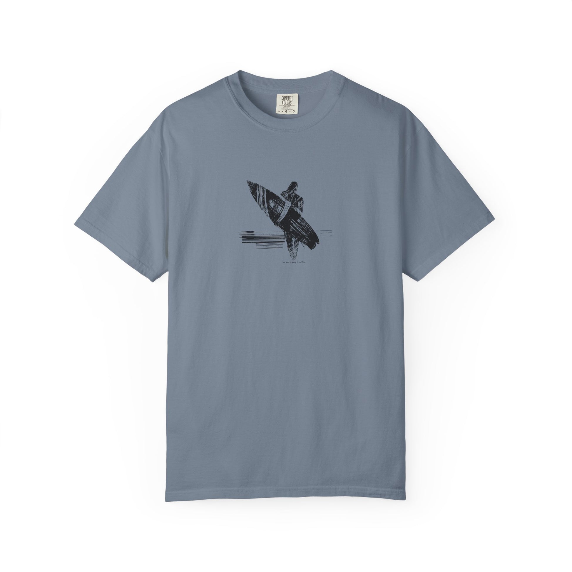 Minimal female surfer graphic tee coastal surf design blue shirt
