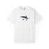 White t-shirt with a shark graphic on a white background