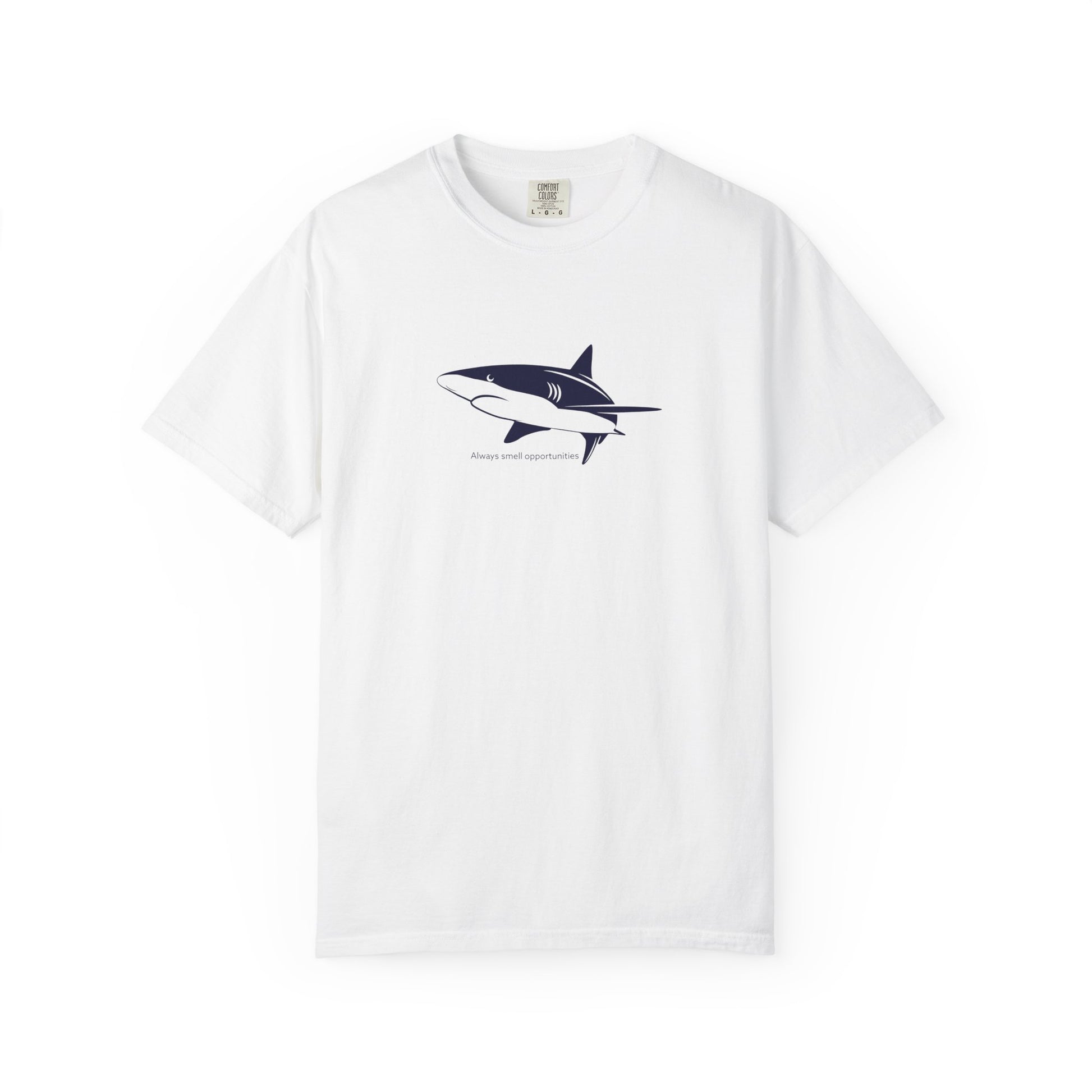 White t-shirt with a shark graphic on a white background