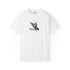 White t-shirt with black graphic design on a white background