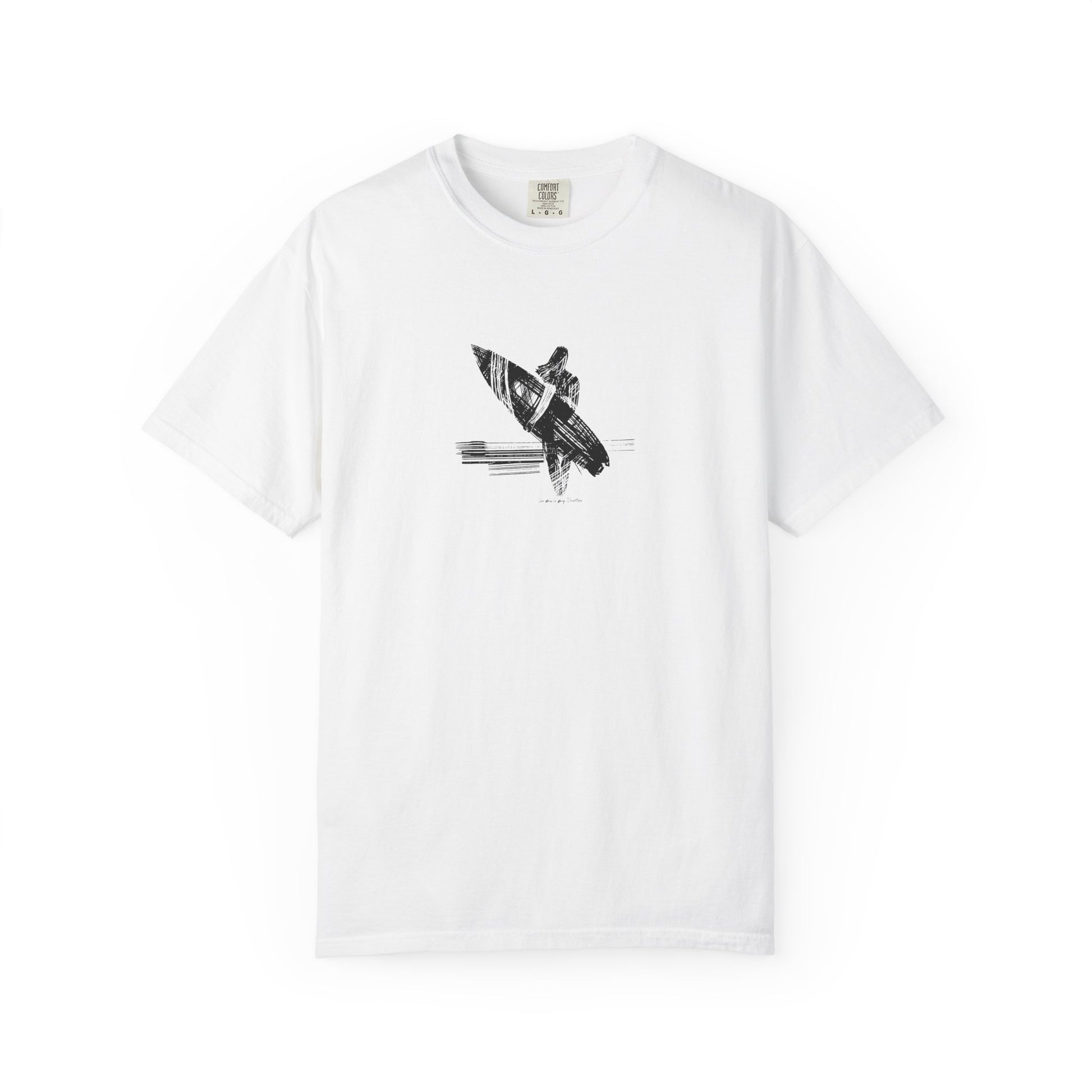 White t-shirt with black graphic design on a white background