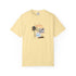 Yellow t-shirt with a palm tree and travel-themed graphic on a white background