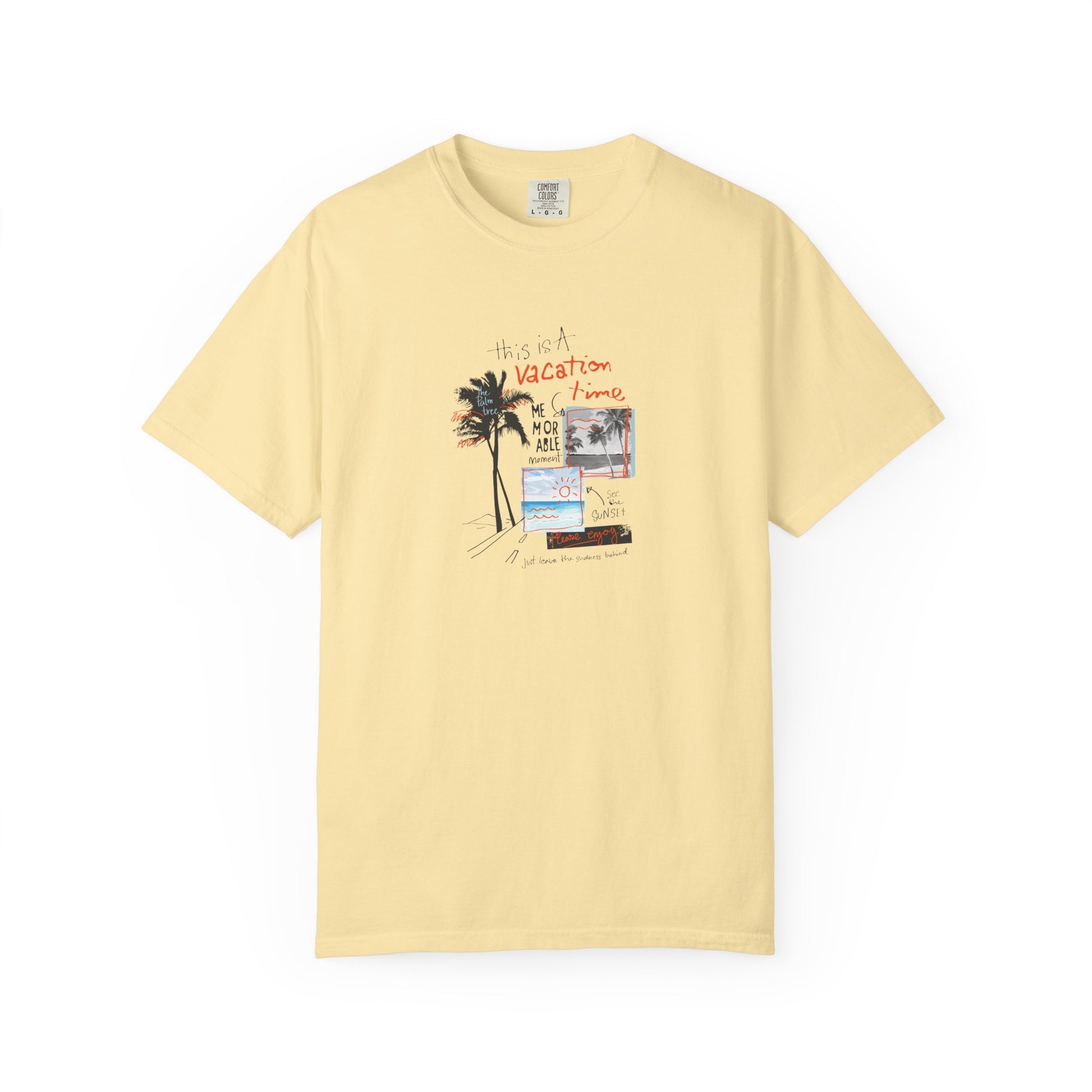 Yellow t-shirt with a palm tree and travel-themed graphic on a white background