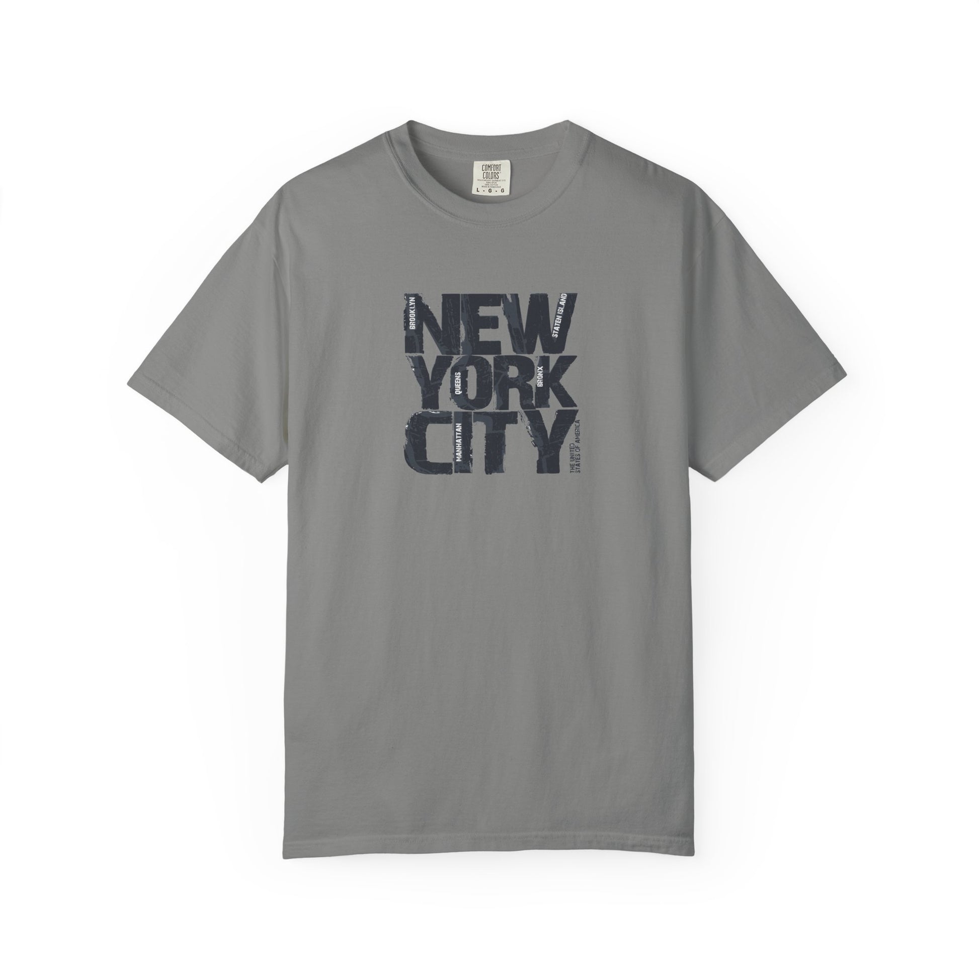 Gray t-shirt with 'New York City' text on a white background