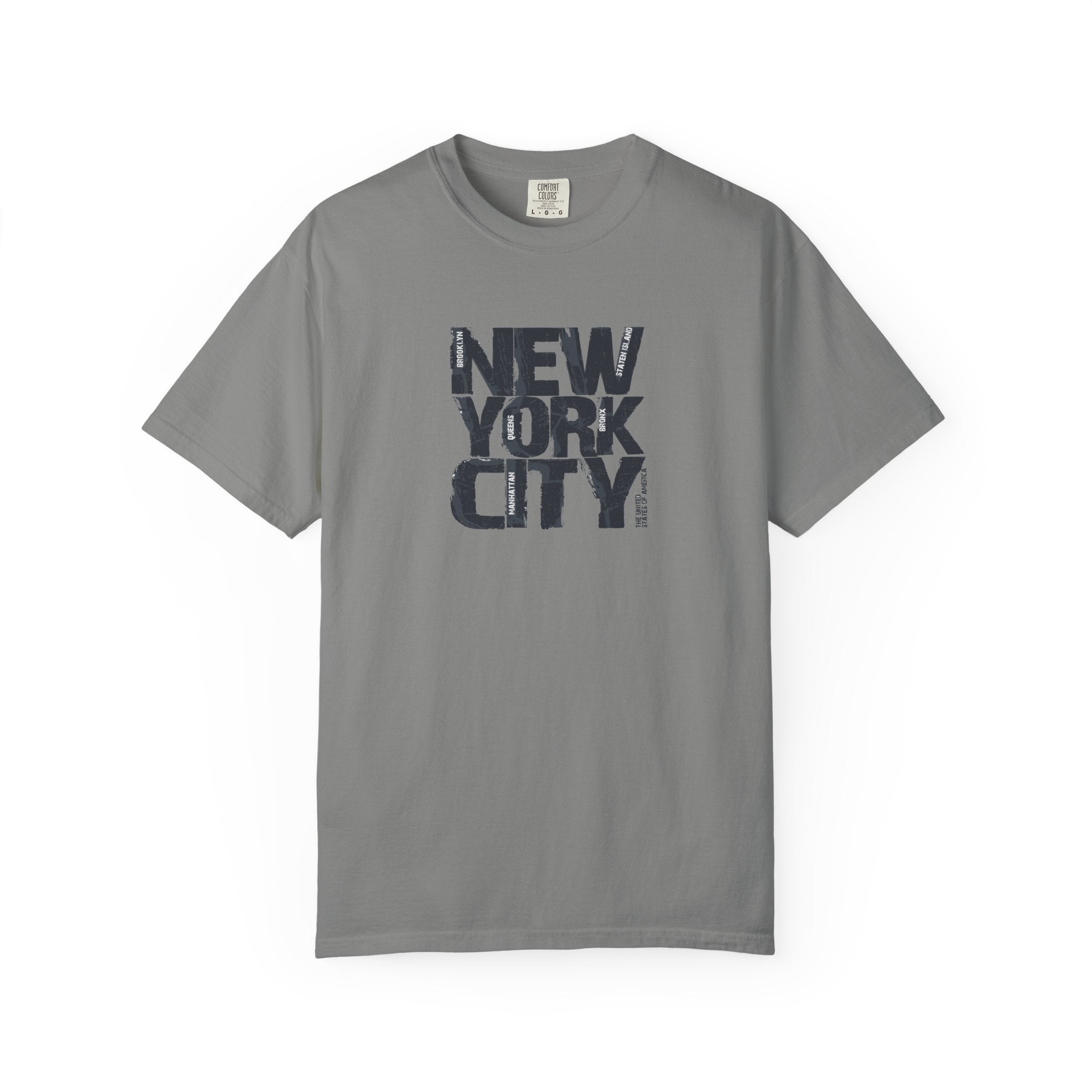 Gray t-shirt with 'New York City' text on a white background
