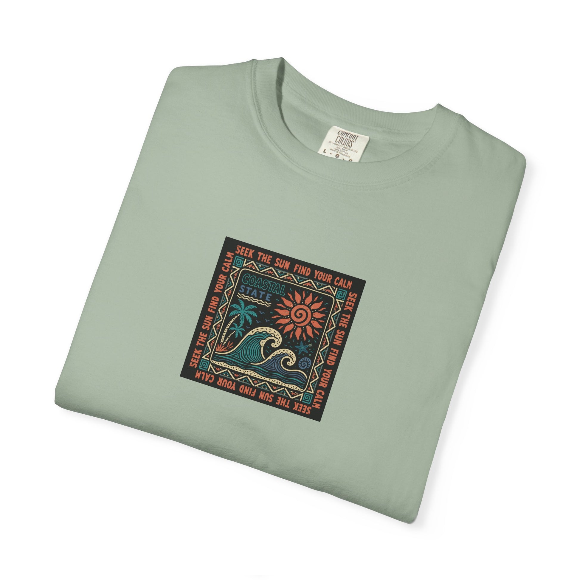 A folded sage green t-shirt with abreeze style