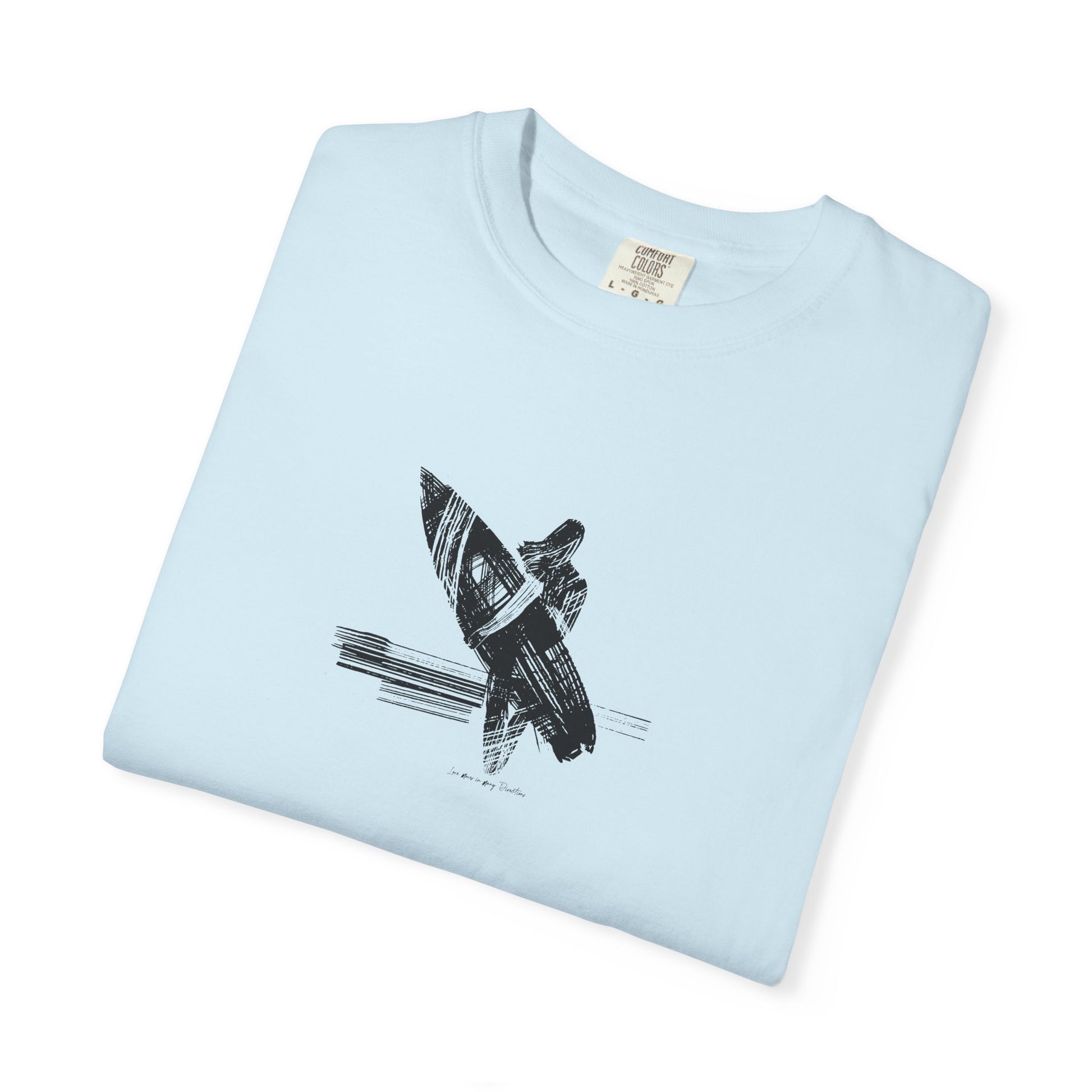 Light blue t-shirt with black graphic design on a white background