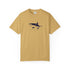 Beige t-shirt with a shark graphic on a white background