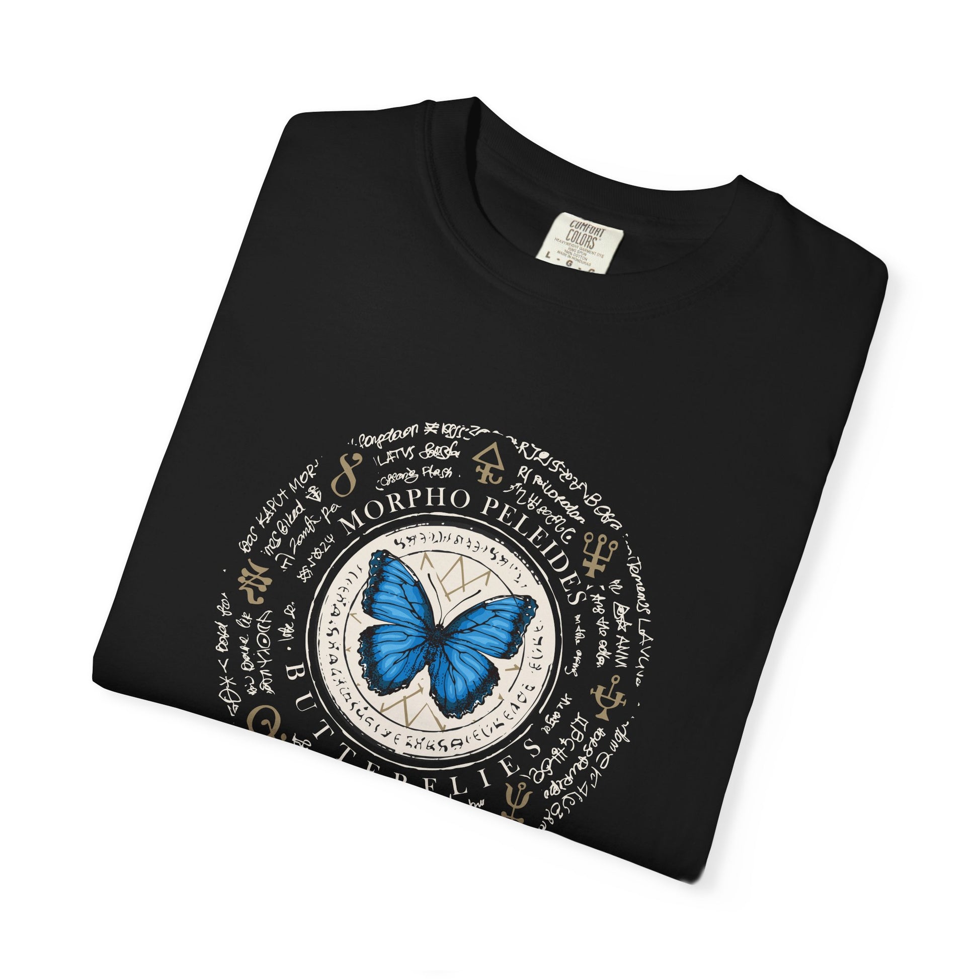 Black t-shirt with a graphic design of a mask on a white background