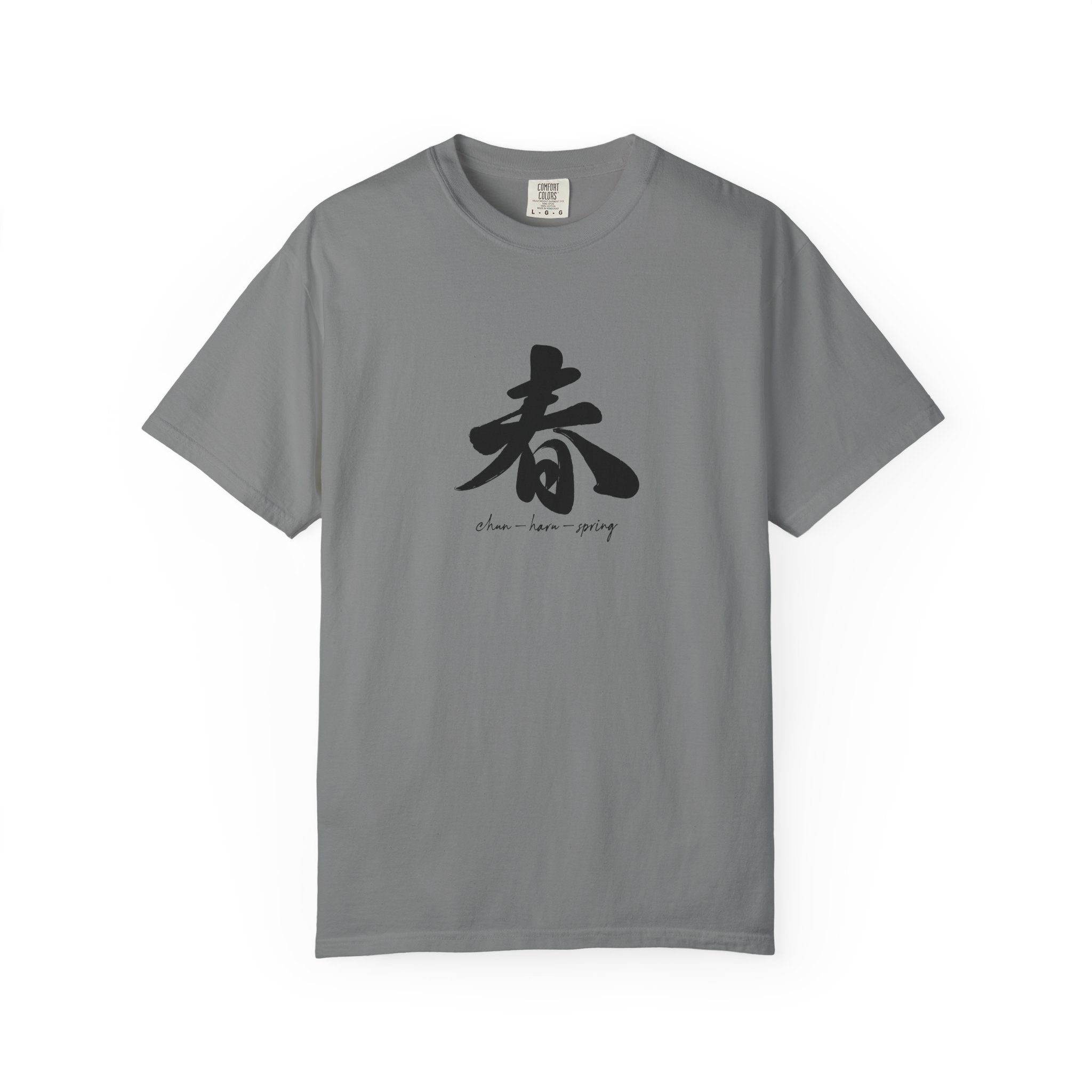 Gray t-shirt with black Chinese character and translation on a white background