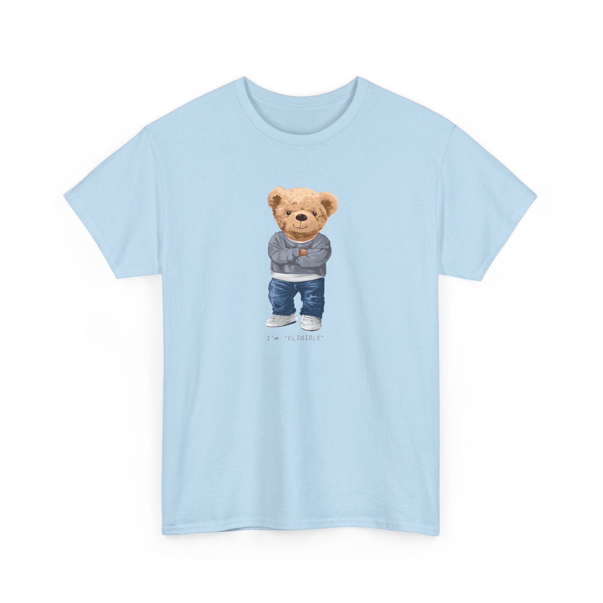 Light blue t-shirt with a teddy bear graphic on a white background
