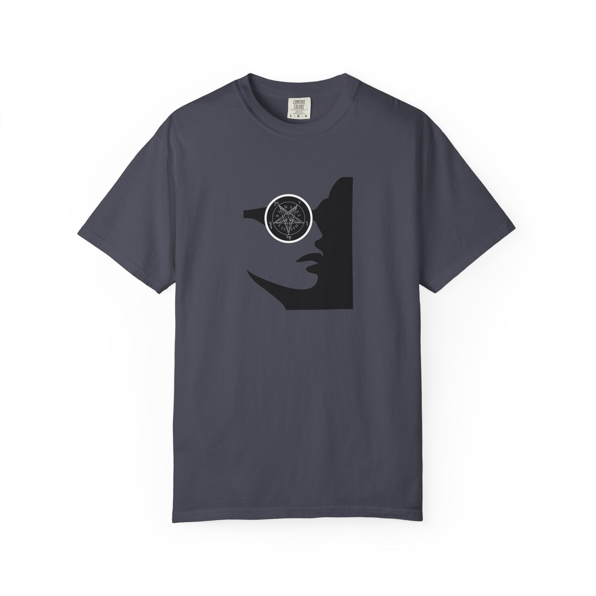 A dark gray crewneck t-shirt featuring a black graphic of a woman's profile with a pentagram symbol in her eye, displayed on a clean white background.