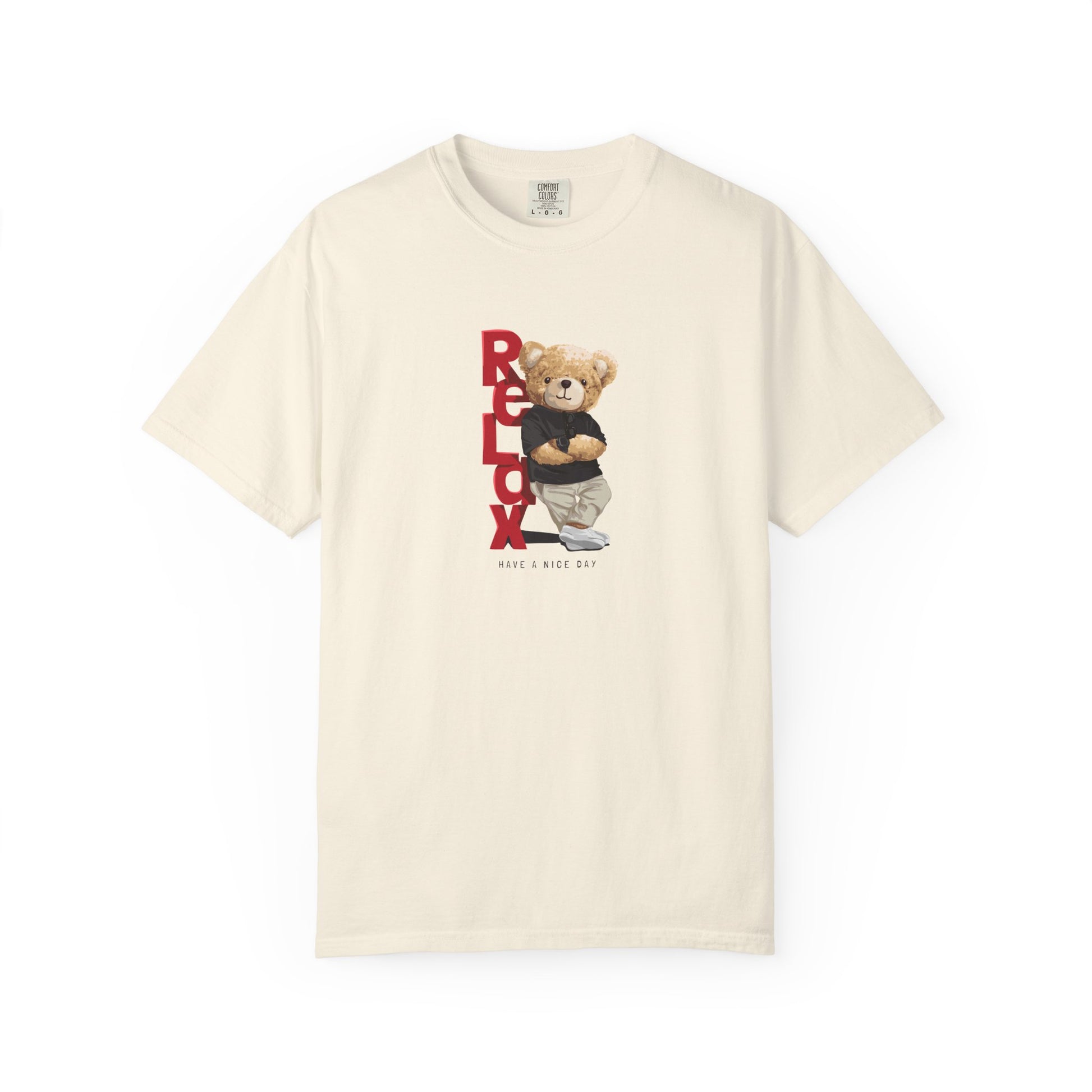 Beige t-shirt with a bear graphic and text on a white background