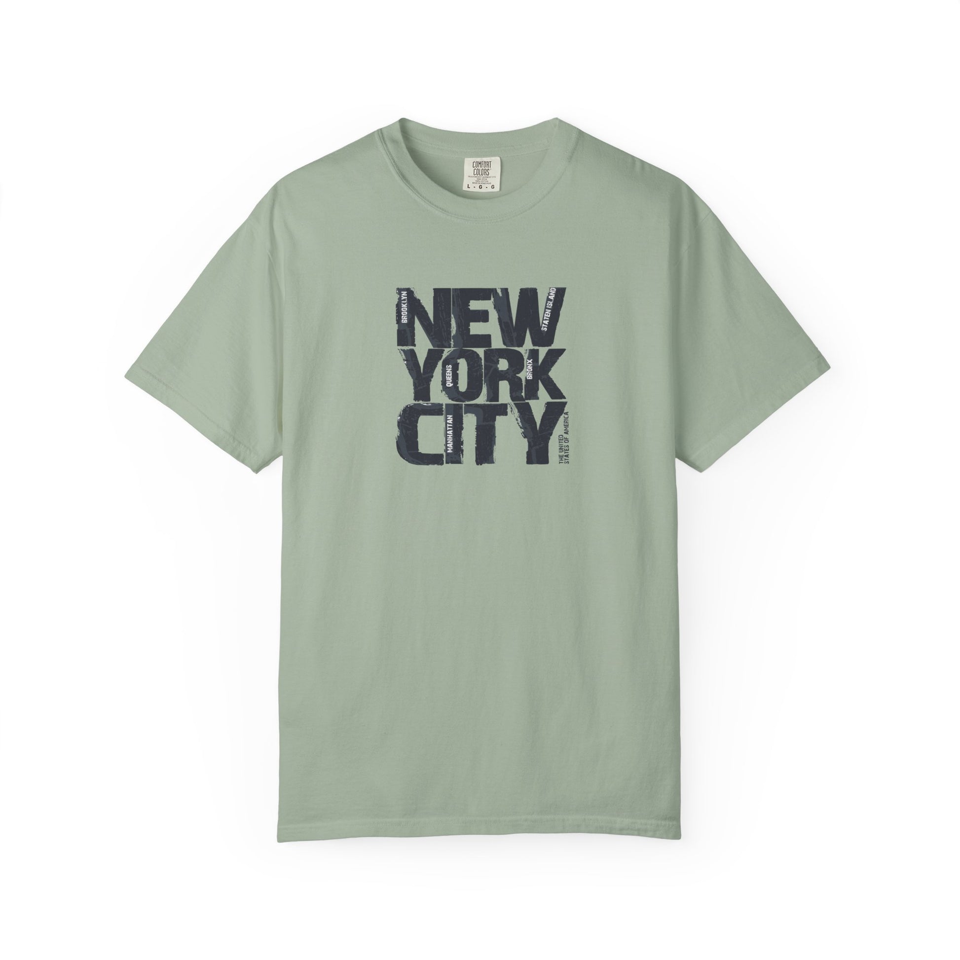 Green t-shirt with 'New York City' text on a white background