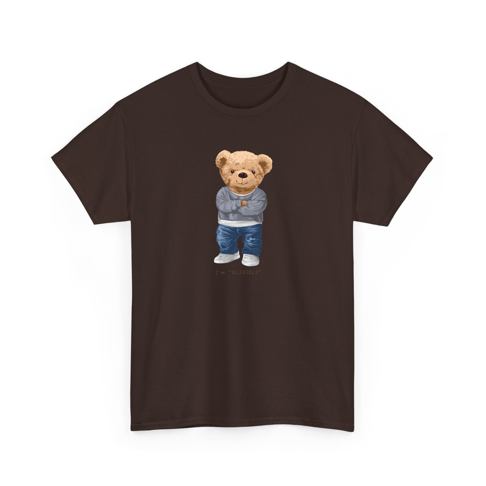 Brown t-shirt with a teddy bear graphic on a white background