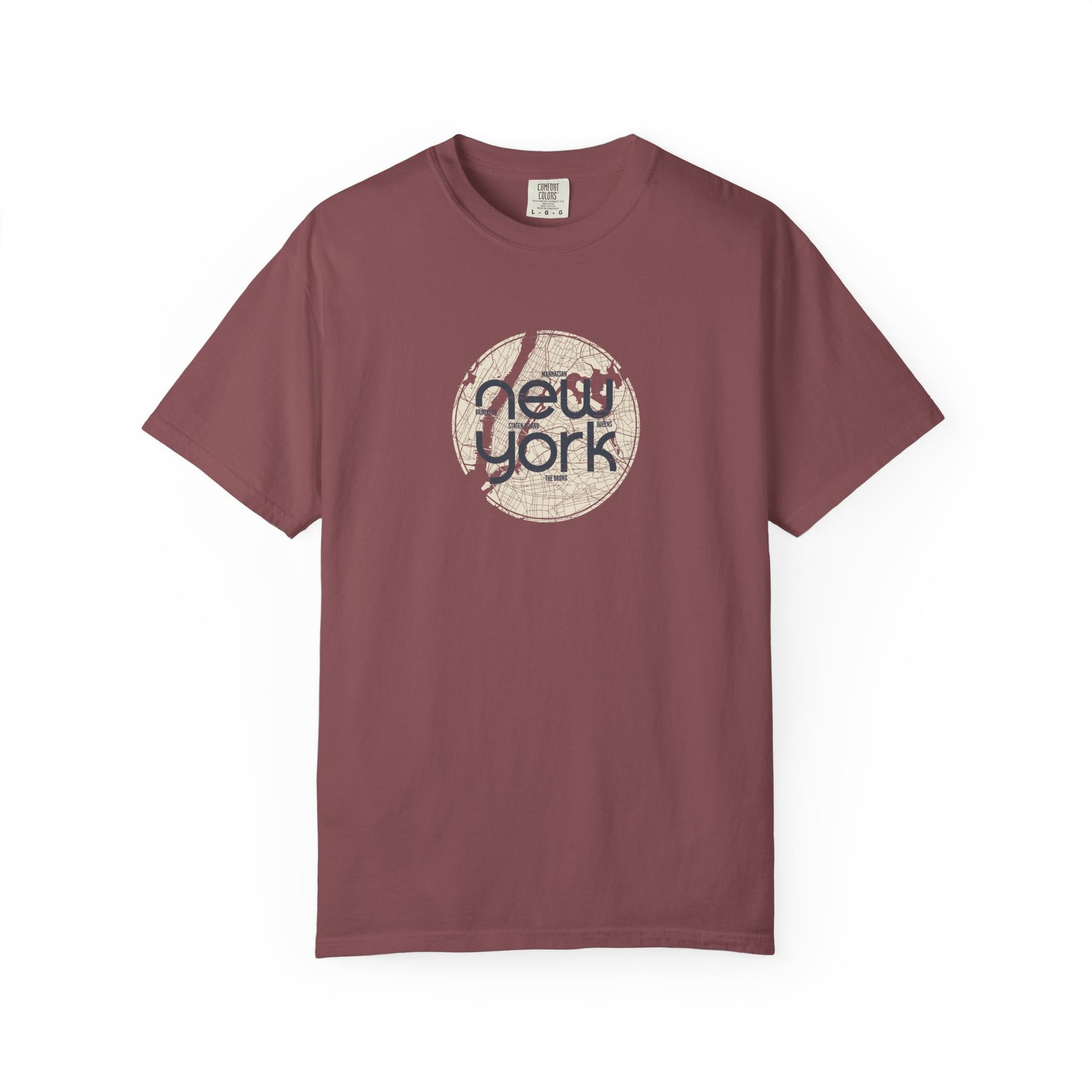 Maroon t-shirt with 'New York' graphic on a white background